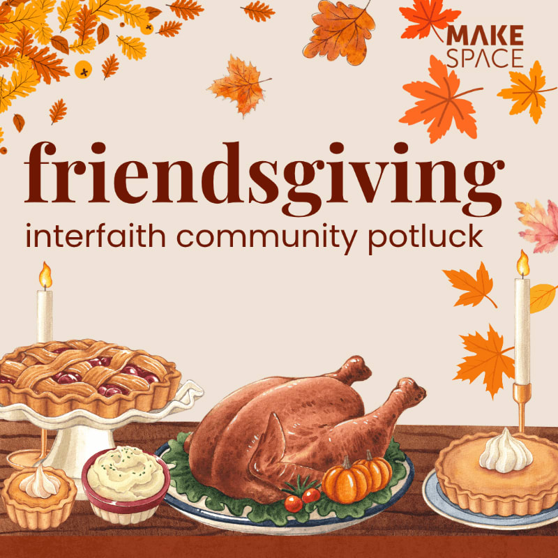 A festive Thanksgiving spread featuring a roasted turkey and pies sits in the foreground against a light background adorned with autumn leaves and "friendsgiving" text.