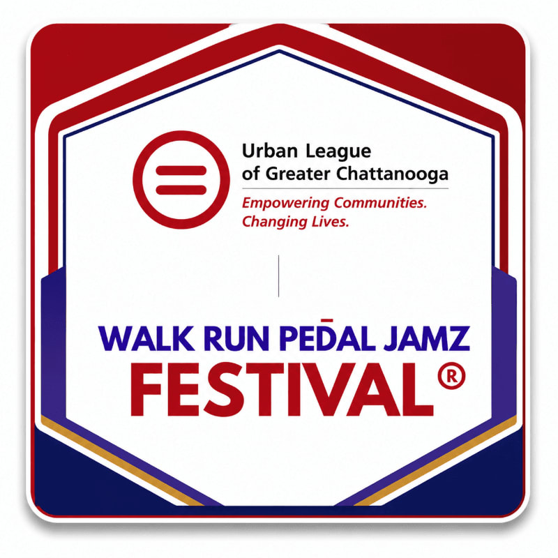 A red, white, and blue hexagonal logo for the "Walk Run Pedal Jamz Festival" by the Urban League of Greater Chattanooga is centered against a white background.