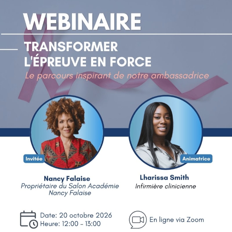 Two circular portraits of Nancy Falaise and Lharissa Smith are featured in the foreground against a blue background with a pink ribbon and French text announcing a webinar.