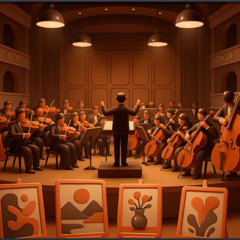 Four framed paintings sit in the foreground before an orchestra and conductor performing on a stage within a dimly lit hall.