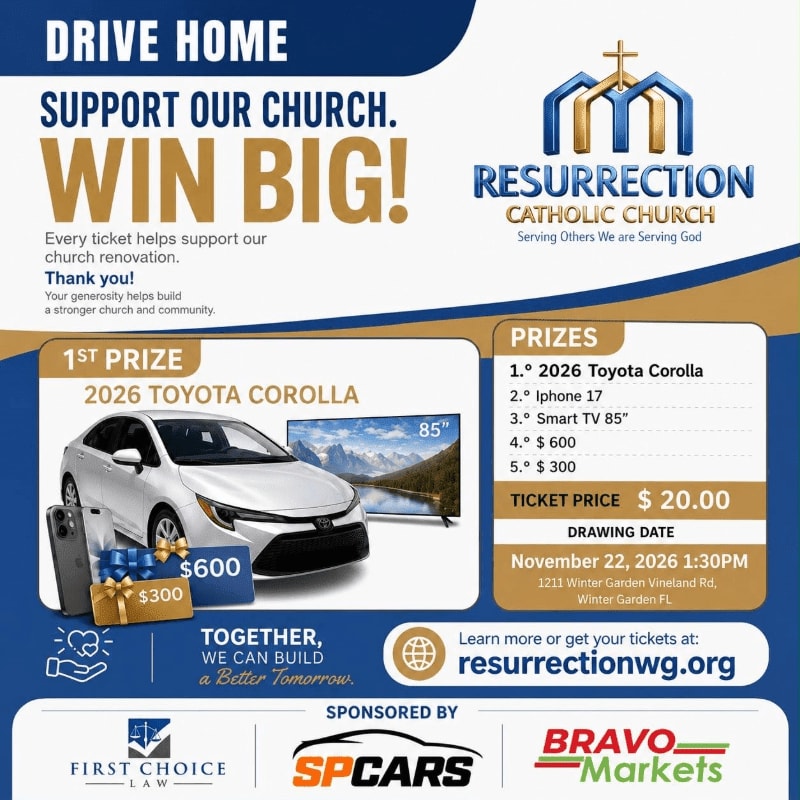 A promotional flyer for a church raffle features a white Toyota Corolla, electronics, and cash prizes in the foreground against a white and blue branded background.