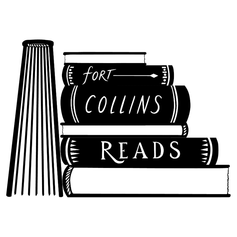 A black and white illustration features a stack of books with the text "FORT COLLINS READS" and a tassel against a plain white background.