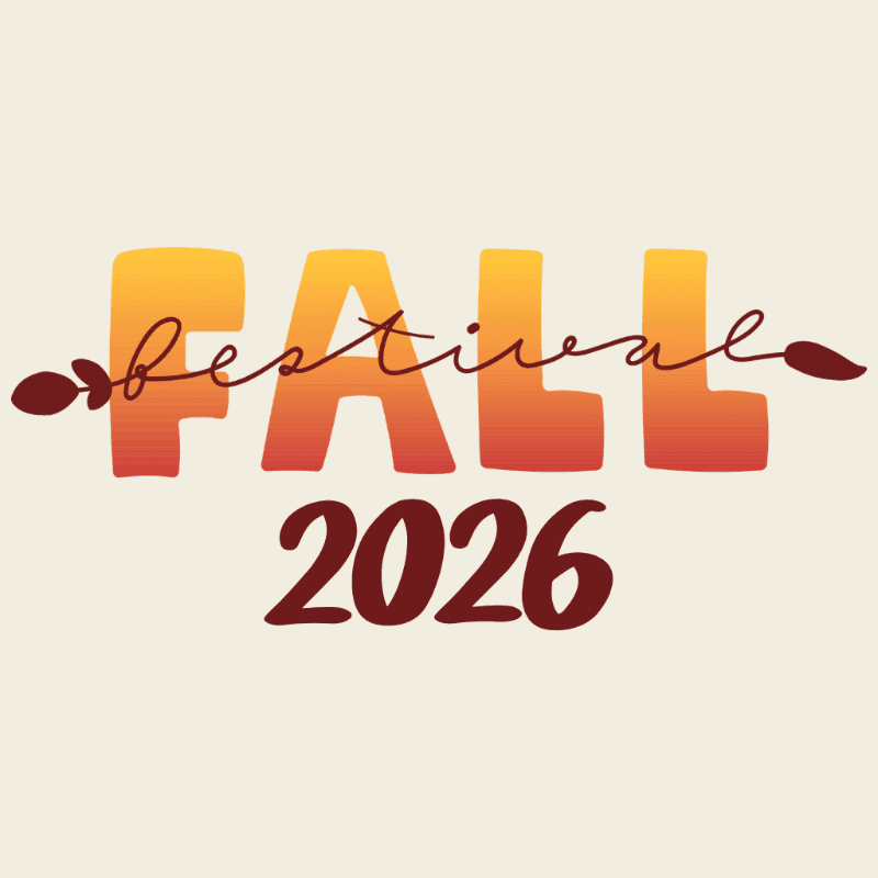 Large, gradient letters spelling "FALL" with "festival" written in script across them, and "2026" below, are set against a plain, light beige background.