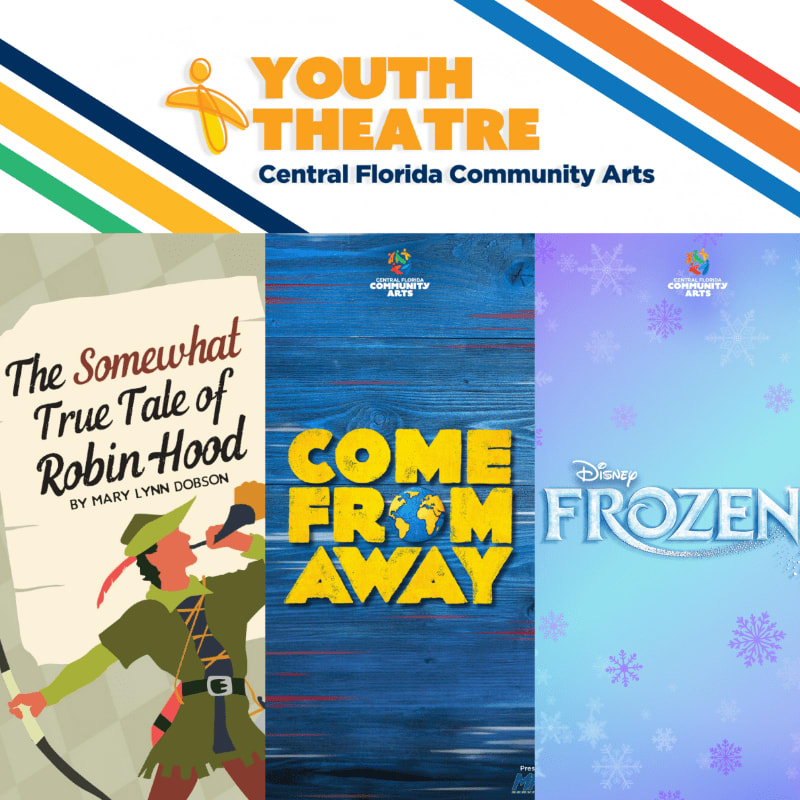 Three theater posters for "The Somewhat True Tale of Robin Hood," "Come From Away," and "Frozen" are displayed below a "Youth Theatre" banner with colorful diagonal stripes.