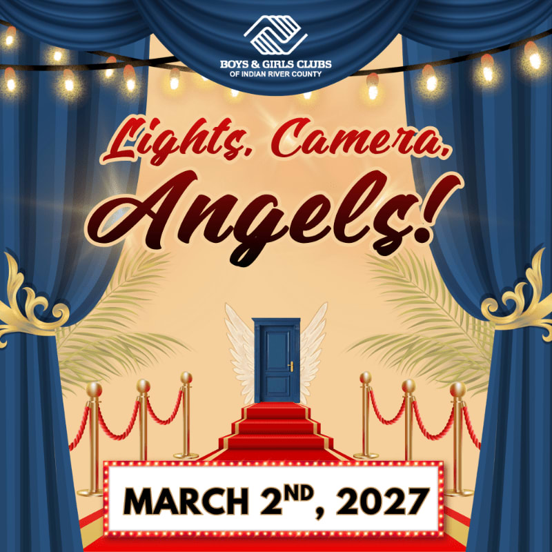 A red carpet leads to a winged blue door in the center, framed by blue curtains and string lights with the text "Lights, Camera, Angels!" and a date above.