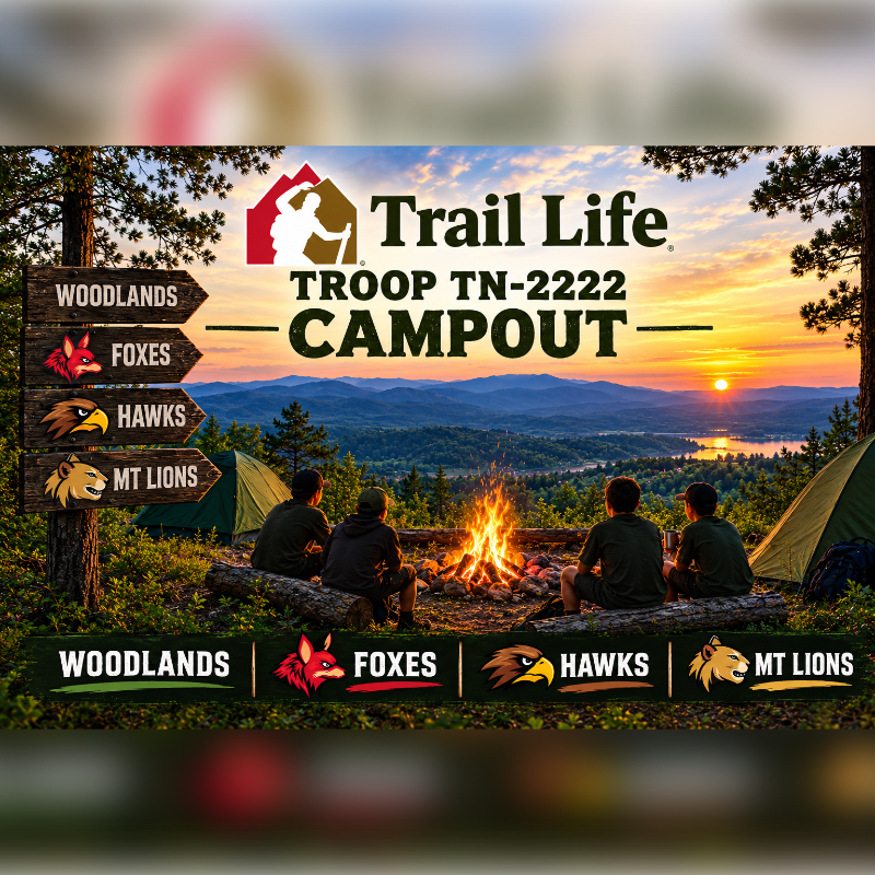 Four boys sit around a campfire in the foreground, with tents and a scenic mountain sunset in the background.