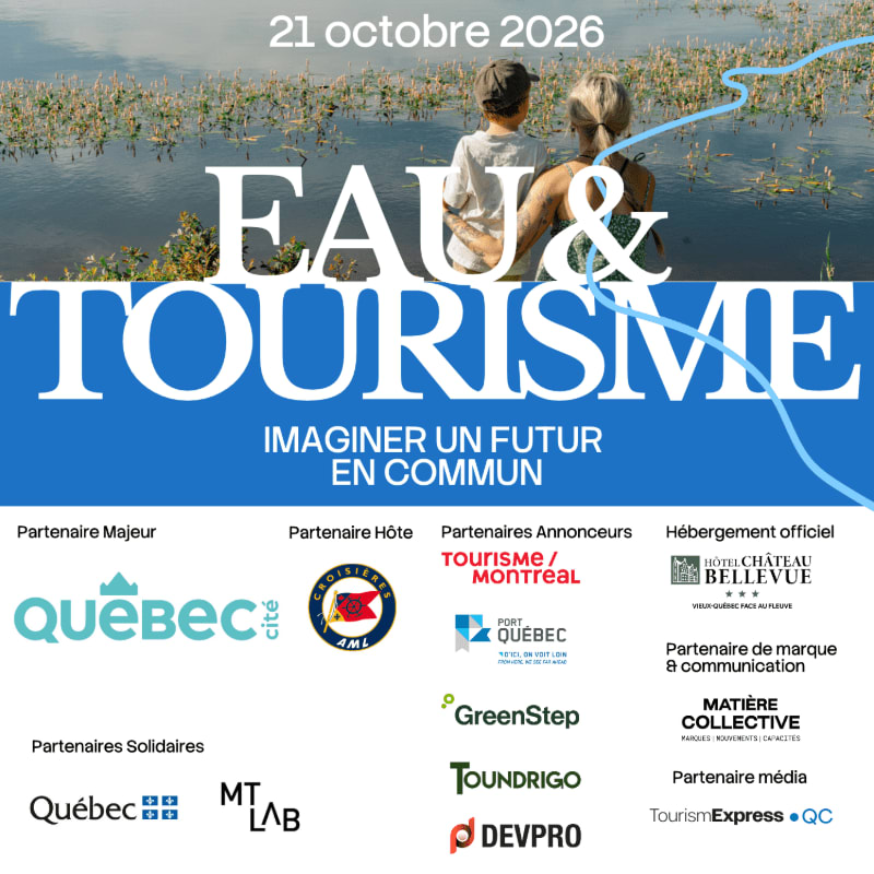 A promotional poster for an event on October 21, 2026, features large white and blue text over a background of two people looking out at a body of water with aquatic plants.