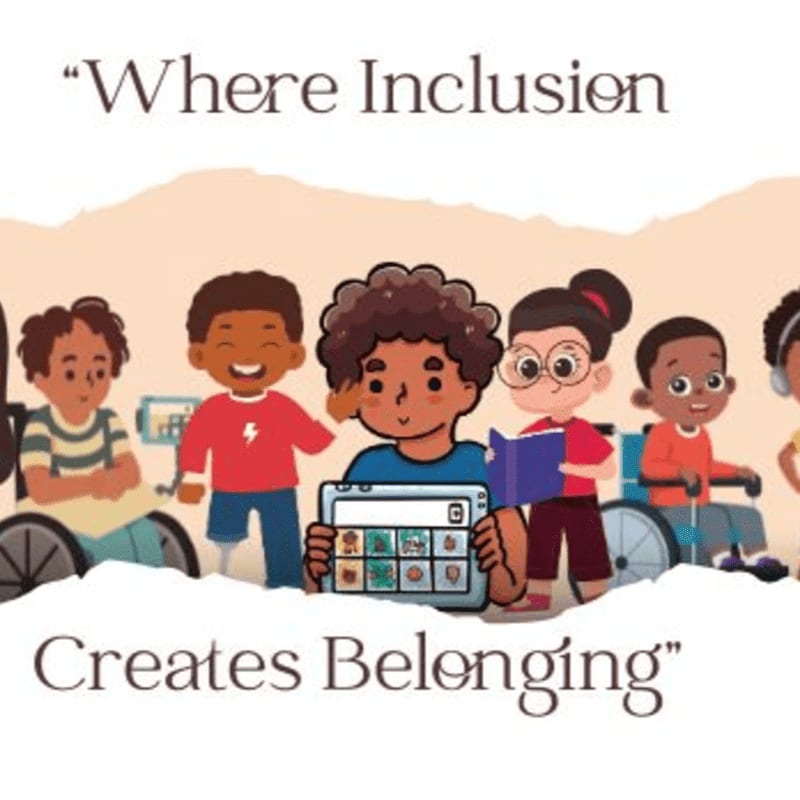 A diverse group of children, some in wheelchairs, are featured in the foreground with a tablet and book, against a soft, peachy background with text that reads "Where Inclusion Creates Belonging."