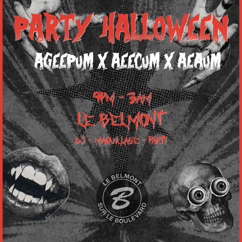 A Halloween party flyer features spooky imagery of a skull, vampire teeth, and clawed hands in the foreground against a dark, textured background with red and white text.