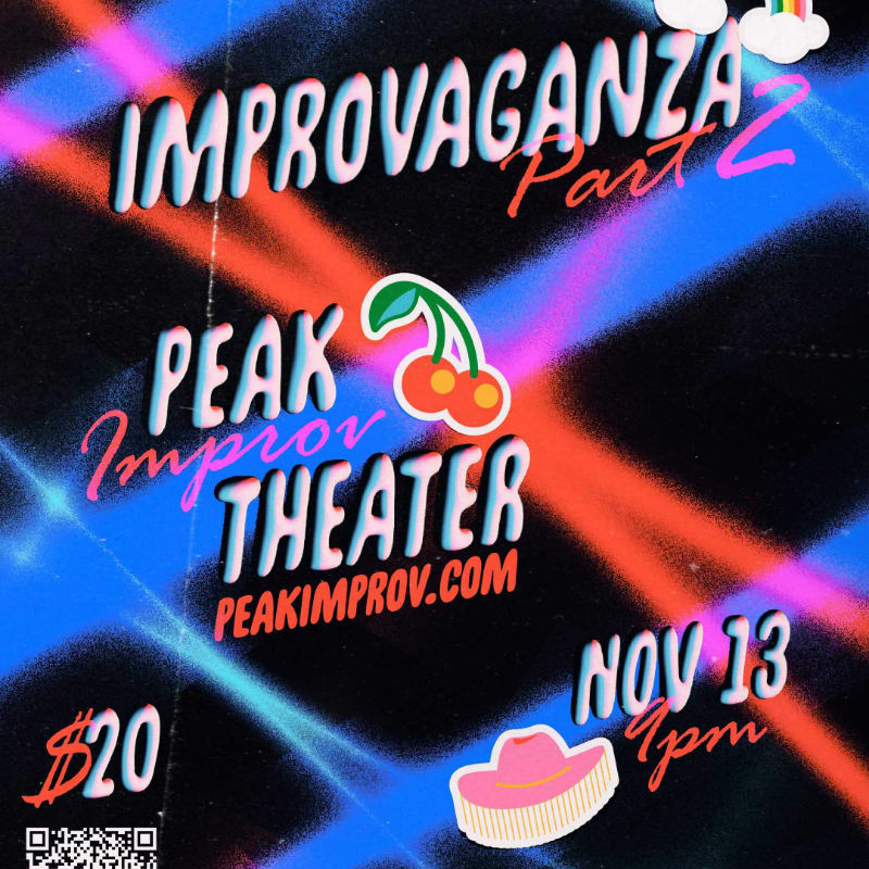 Colorful text and graphics for an improv show event are layered over a dark background with vibrant red and blue neon streaks.