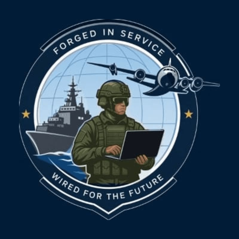 A soldier with a laptop stands in the foreground of a circular emblem featuring a naval ship and a jet aircraft against a globe background.