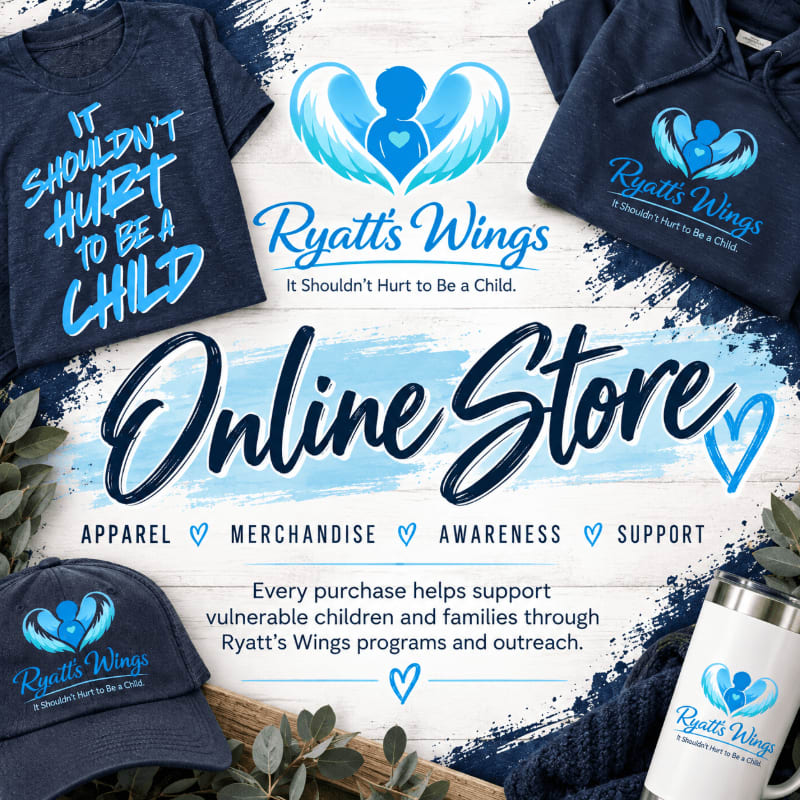 Branded apparel and a tumbler are arranged around the "Ryatt's Wings Online Store" text against a white and blue painted background.