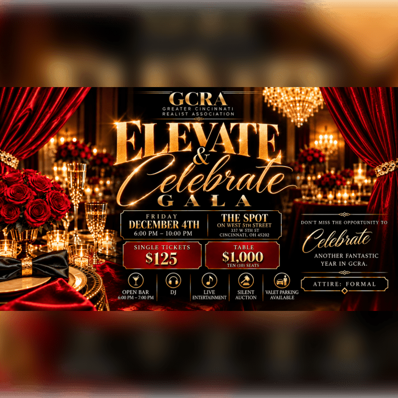An event flyer for the "Elevate & Celebrate Gala" features gold text and ticket details in the foreground, set against a luxurious background of red velvet curtains, red roses, and glowing chandeliers.
