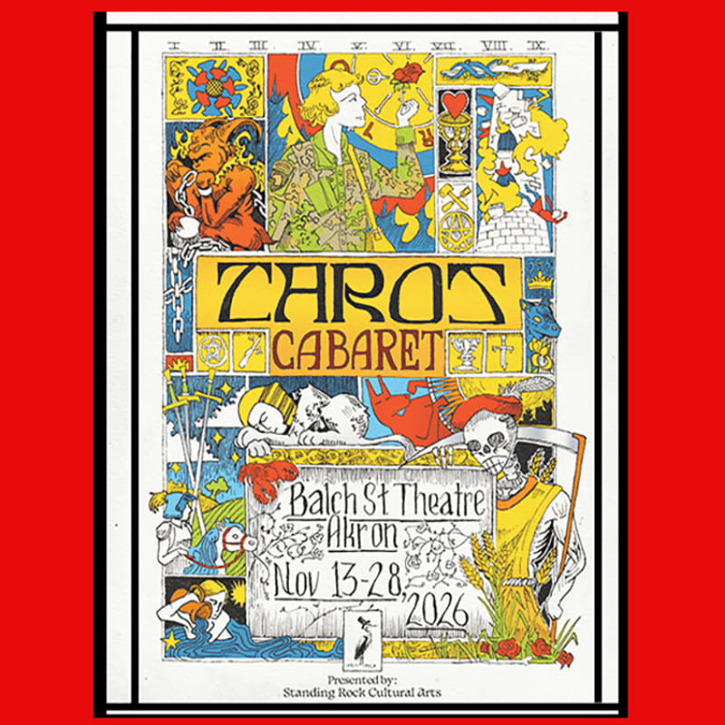 A colorful, tarot-inspired poster for "Tarot Cabaret" features surreal illustrations of mystical figures and a skeleton in the foreground, set against a backdrop of divided panels and a red border.