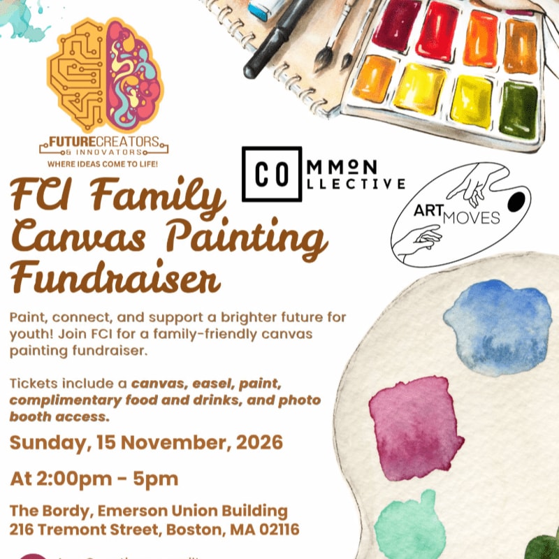 Brown text announcing a family canvas painting fundraiser is centered over a white background featuring art supplies and paint palettes.