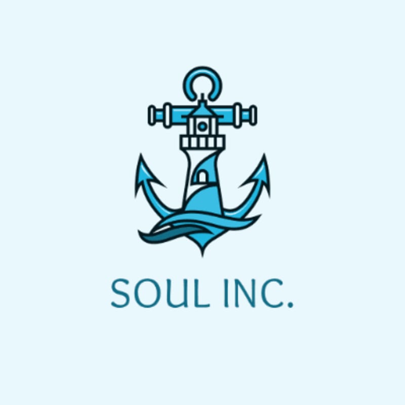A blue anchor with a lighthouse in the center is superimposed over stylized waves, with the text "SOUL INC." below it, all set against a pale blue background.