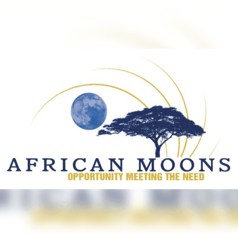 A blue moon and an acacia tree silhouette sit above the text "AFRICAN MOONS" against a white background with golden curved lines.