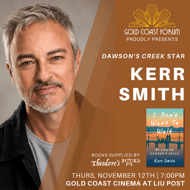 A portrait of Kerr Smith is positioned on the left, while the right side features event details and a book cover against a brown and gold background.