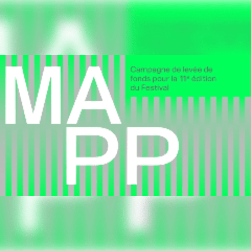 Large white letters spelling "MAPP" sit atop a background of green and grey vertical stripes.