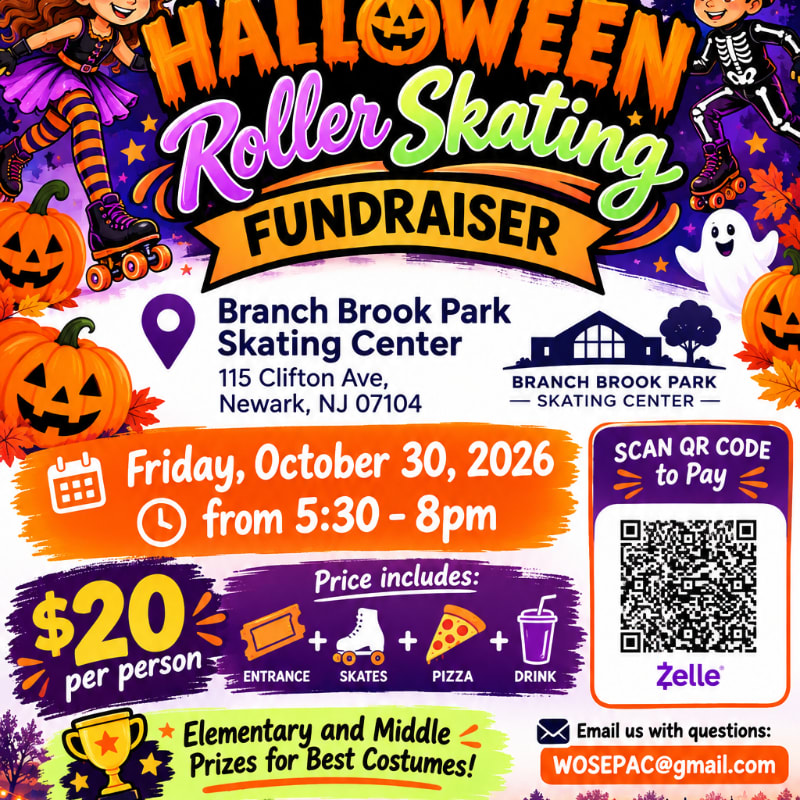 A colorful Halloween roller skating fundraiser flyer features festive characters and pumpkins in the foreground against a starry purple night background.