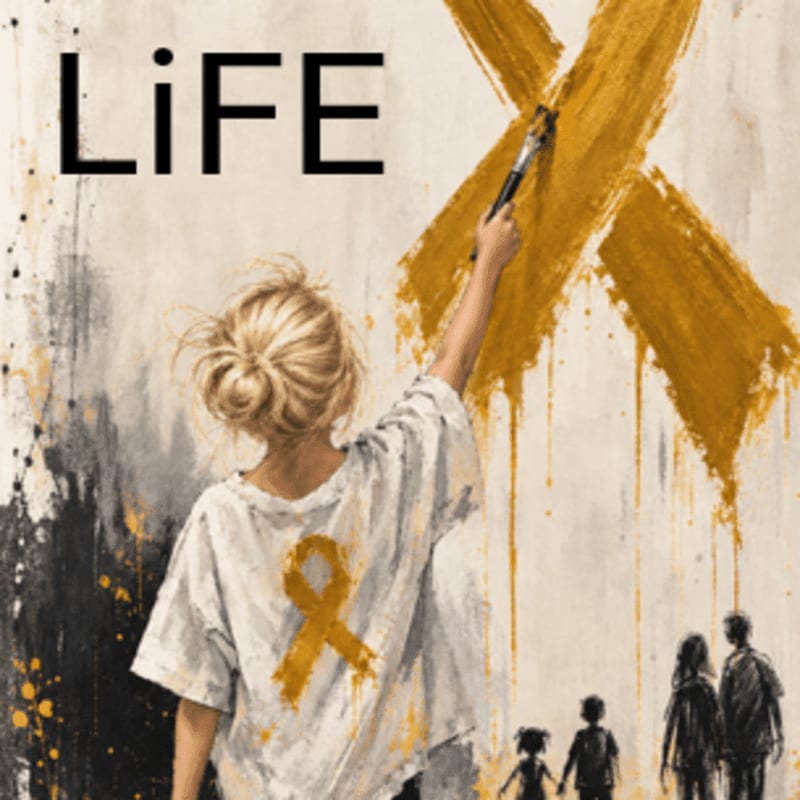 A young girl with a yellow ribbon on her shirt paints a large yellow X on a wall, with silhouettes of children standing in the background.