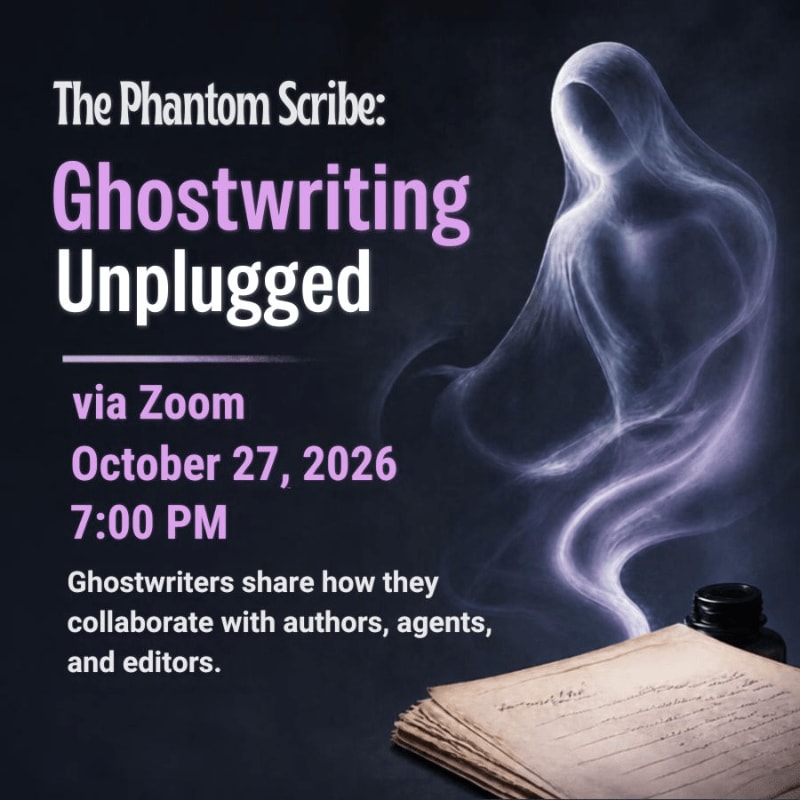 Text announcing a ghostwriting event is positioned on the left, while a ghostly figure looms over a stack of old papers and an inkwell in the foreground against a dark background.