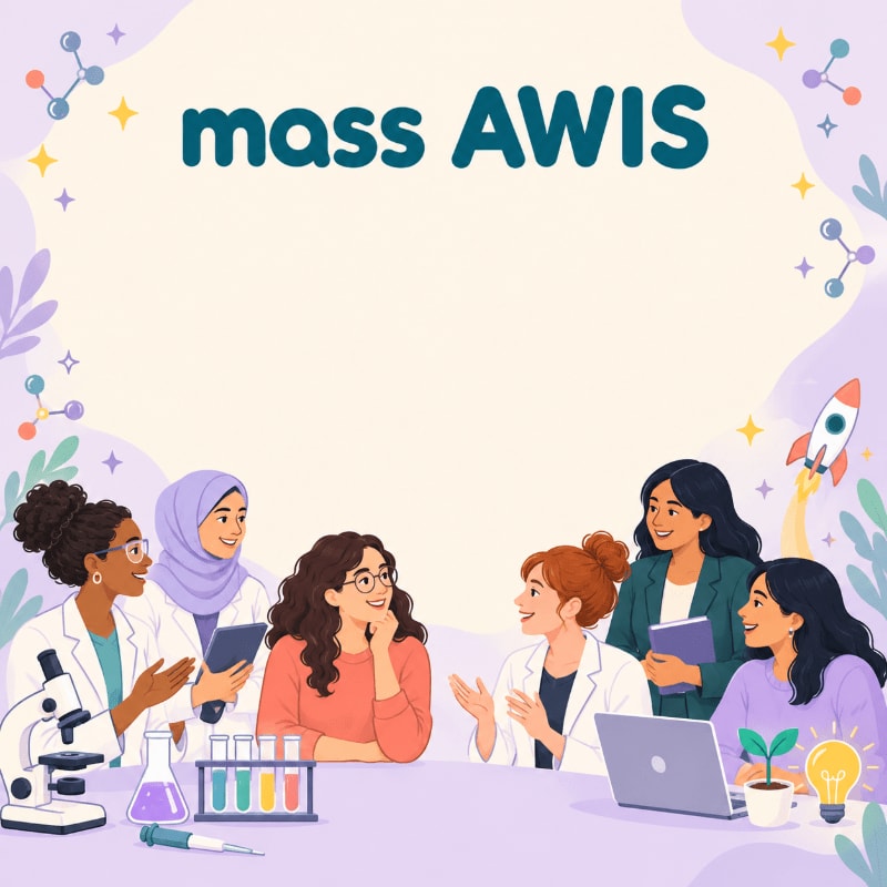 A group of diverse women scientists gather around a table with lab equipment in the foreground, set against a light purple background featuring scientific icons and the text "mass AWIS."