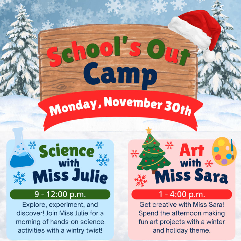 A promotional flyer for a "School's Out Camp" featuring a wooden sign and Santa hat in the foreground against a snowy winter forest background.