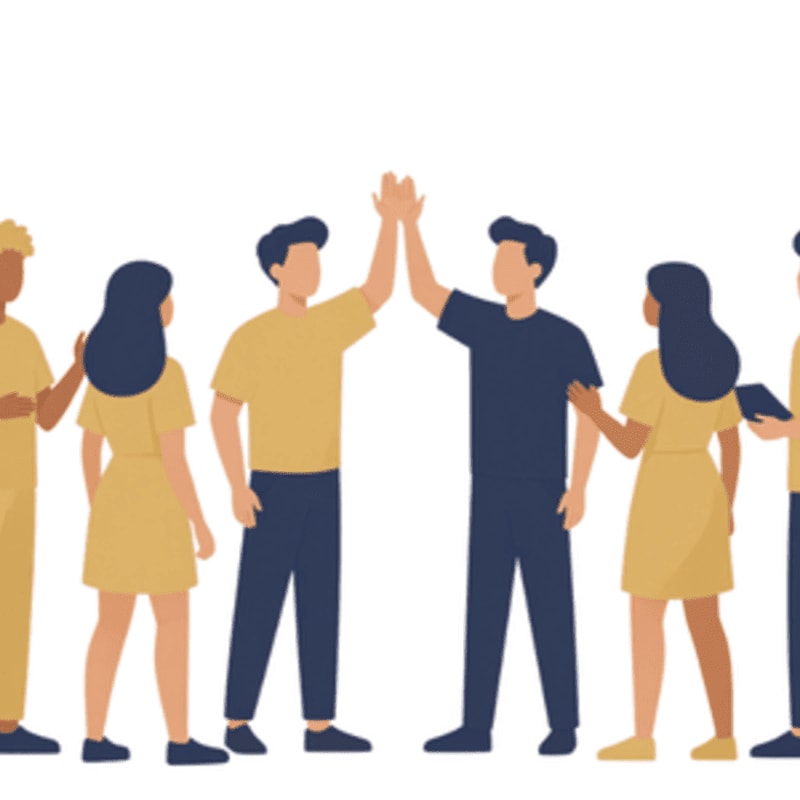 A group of people in yellow and blue clothing are high-fiving and standing together against a plain white background.