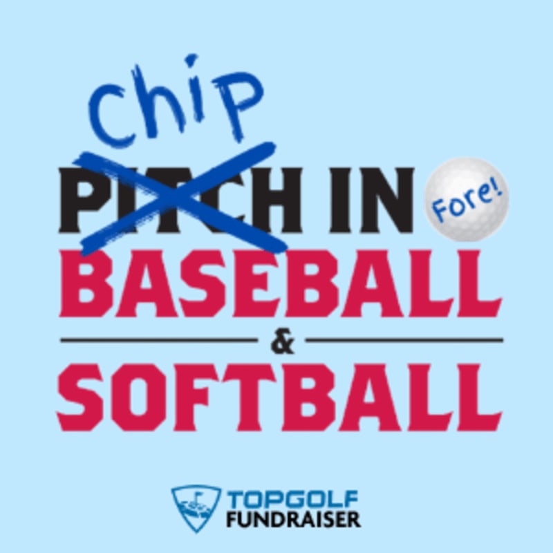 Text reading "Chip Pitch In Baseball & Softball" with a golf ball and Topgolf logo set against a light blue background.