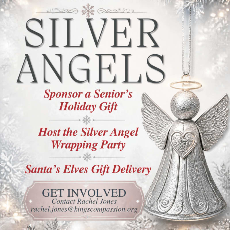 A silver angel ornament and promotional text for "Silver Angels" are set against a soft, snowy winter background.