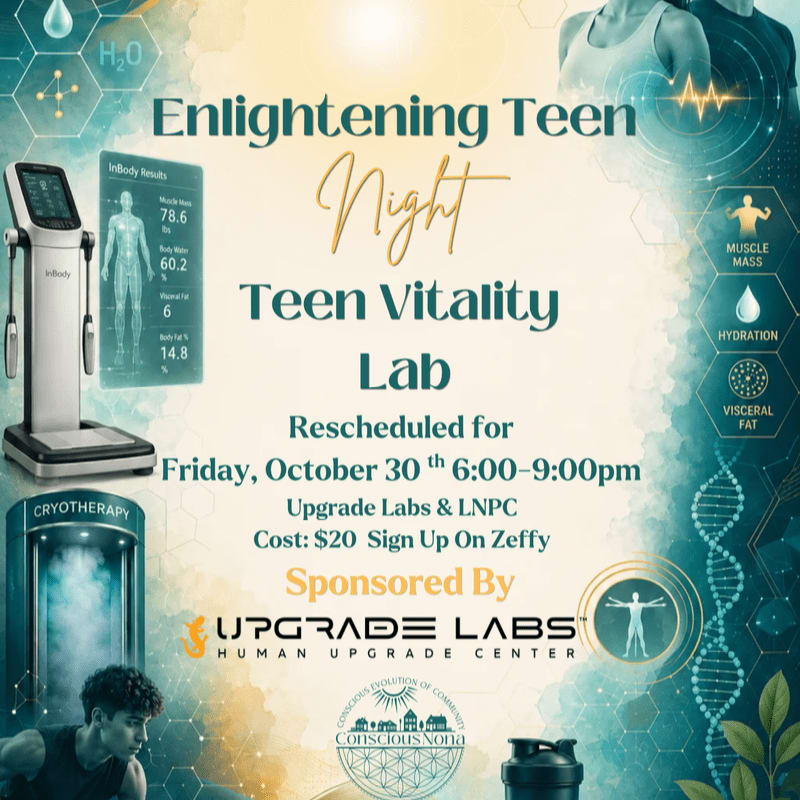 An event flyer for "Enlightening Teen Night" features health-related text and logos in the center, surrounded by images of a body composition scanner, cryotherapy, and scientific graphics.