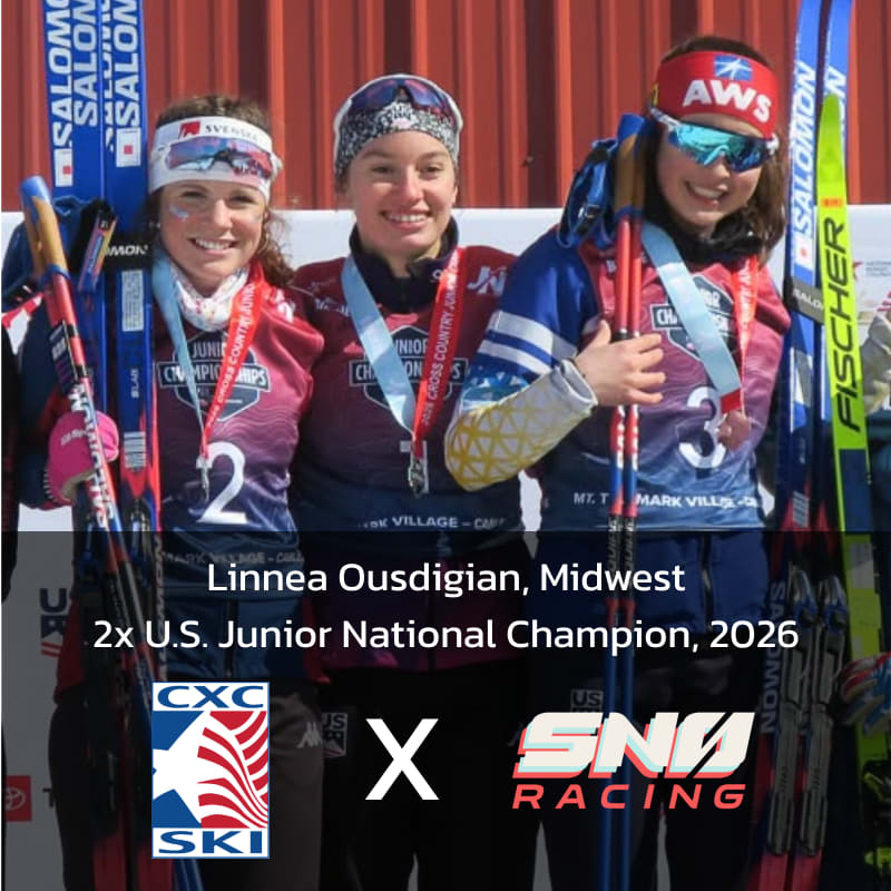 Three female cross-country skiers smile and pose with their skis in the foreground against a red wall background.