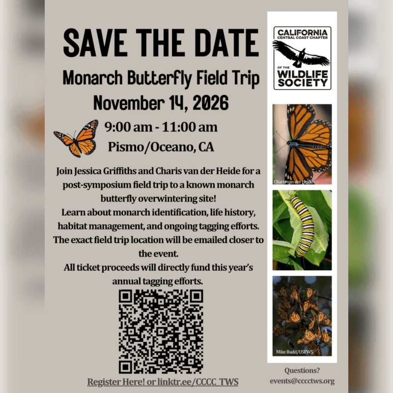 A flyer for a Monarch Butterfly Field Trip features event details and a QR code in the foreground against a neutral grey background with butterfly photos and organization logos on the right.