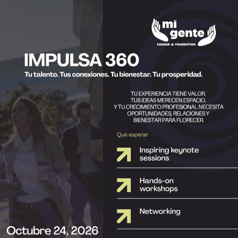 A promotional flyer for "IMPULSA 360" features a smiling woman and a man in the foreground against a dark, text-filled background with the "mi gente" logo.