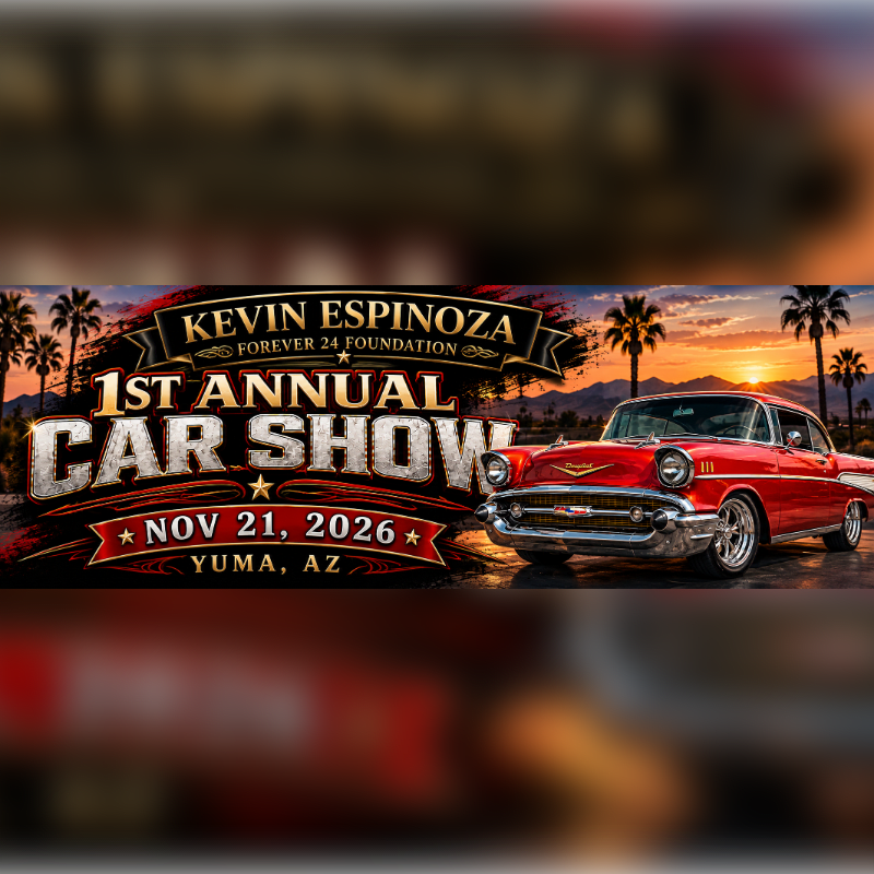A classic red car sits in the foreground of a promotional banner for a car show, set against a background of palm trees and a sunset over a desert landscape.