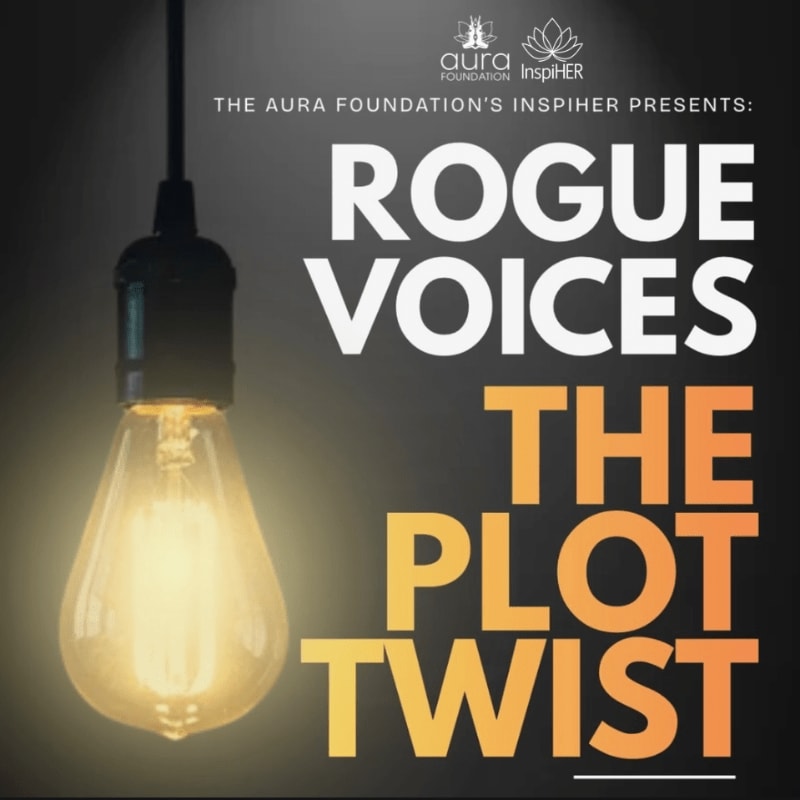 A glowing light bulb hangs in the foreground against a dark background featuring the text "ROGUE VOICES THE PLOT TWIST."