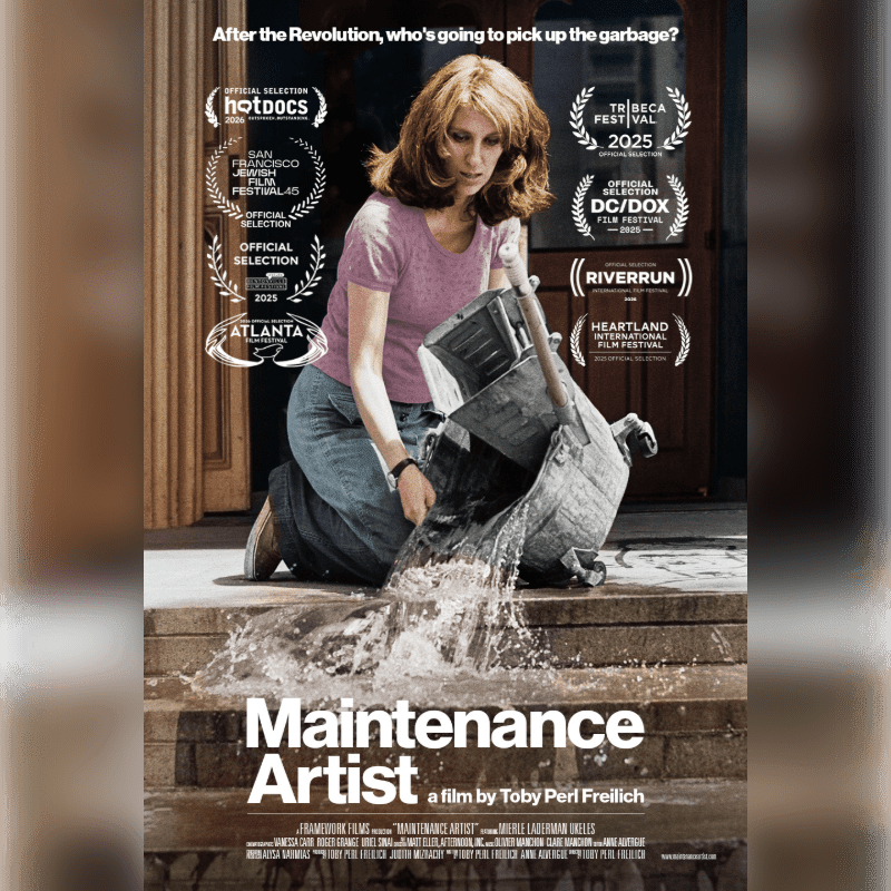 A woman in a pink shirt and jeans empties a overflowing trash can onto wet steps in the foreground, with film festival laurels and the title "Maintenance Artist" visible in the background.
