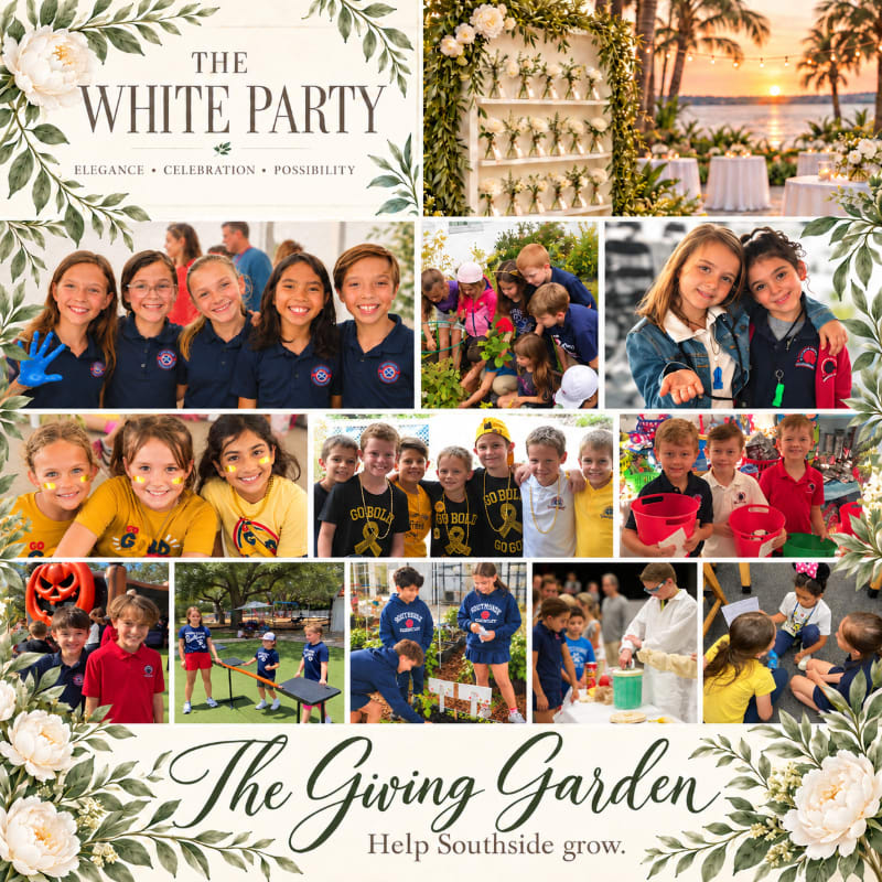 A collage of photos featuring children in school uniforms and event scenes is framed by white floral borders and text for "The White Party" and "The Giving Garden."