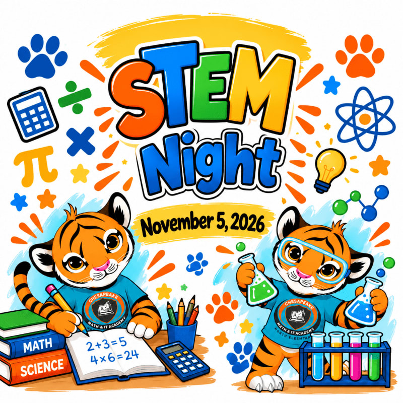 Two cartoon tigers engaged in math and science activities stand in the foreground against a bright background featuring "STEM Night" text and various educational symbols.