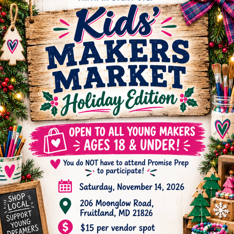 A wooden sign advertising a "Kids' Makers Market Holiday Edition" sits in the foreground, surrounded by festive holiday decorations and art supplies against a white wooden background.