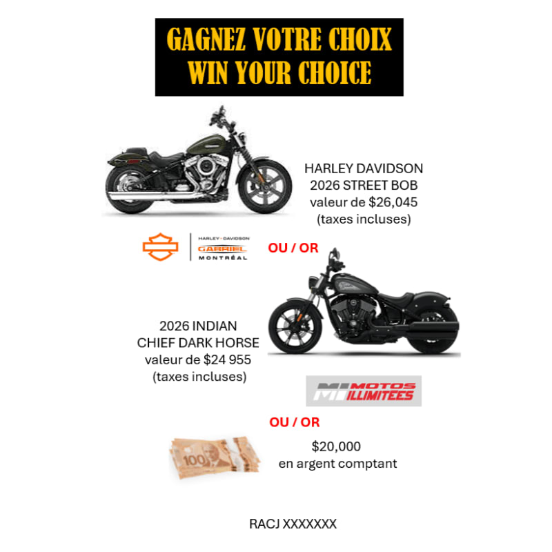 A promotional flyer featuring two motorcycles and a stack of cash against a plain white background with yellow and black text.