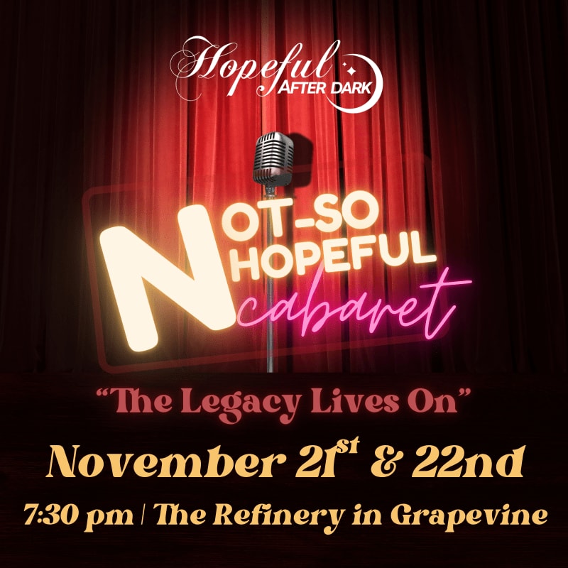 A vintage microphone and neon text for "Not-So Hopeful Cabaret" stand in the foreground against a backdrop of red stage curtains.