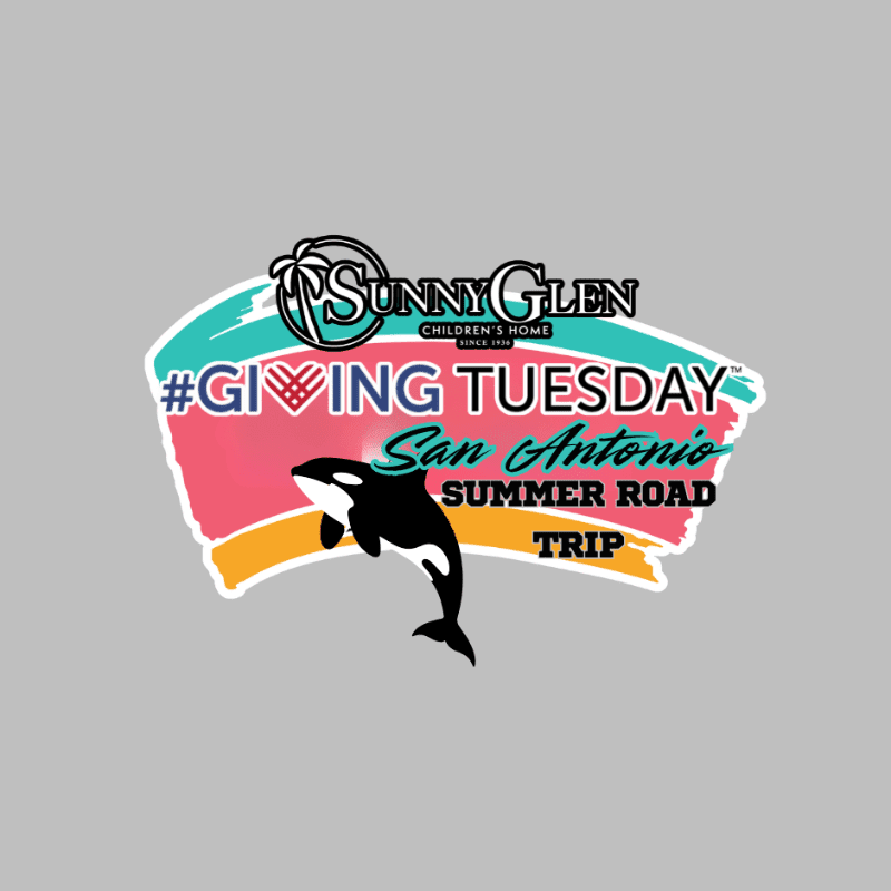 A colorful logo featuring an orca and text for a "Summer Road Trip" to San Antonio is centered against a plain gray background.