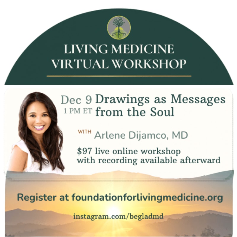 A smiling woman appears in the foreground of a promotional flyer for a "Living Medicine Virtual Workshop," set against a white background and a scenic mountain landscape at the bottom.