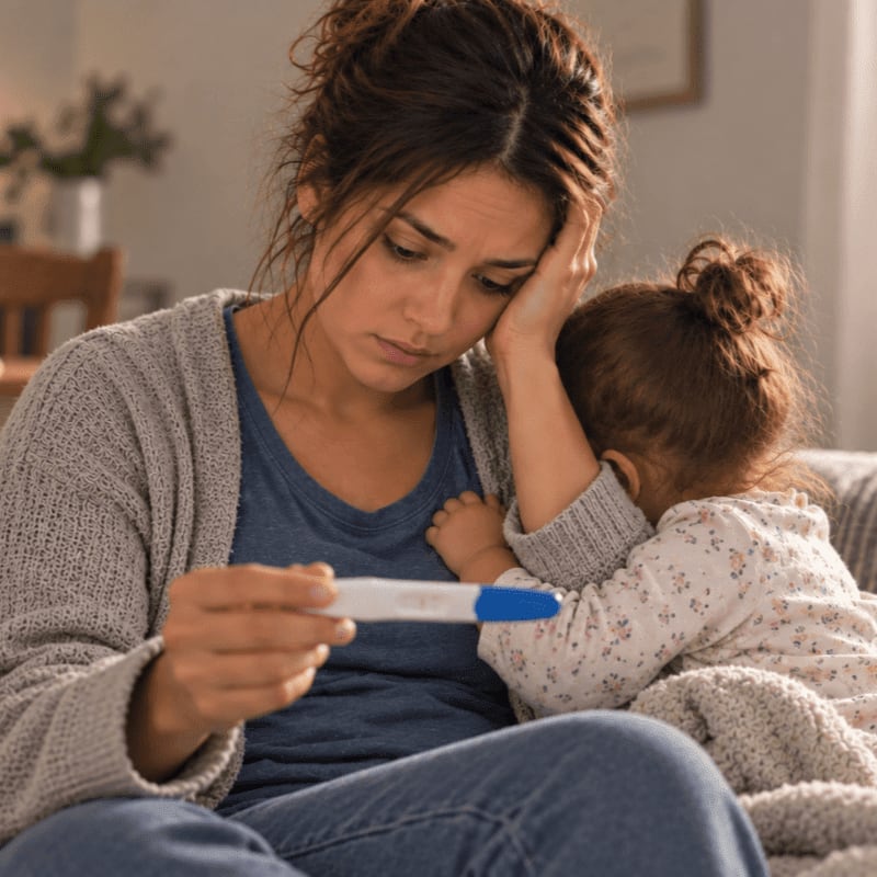A concerned woman looks at a pregnancy test while holding a young child in a softly lit living room.