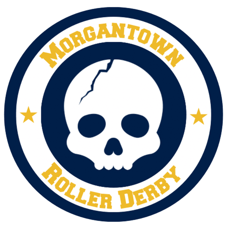 A white cracked skull is centered within a navy blue circle, surrounded by a white ring featuring the yellow text "MORGANTOWN ROLLER DERBY" and two yellow stars against a plain white background.