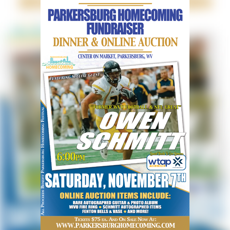 A promotional flyer for a Parkersburg Homecoming fundraiser features a central photo of football player Owen Schmitt against a white background with blue and gold text.