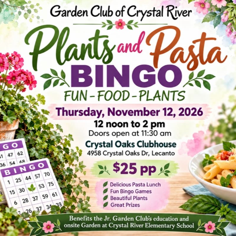 A promotional flyer for a "Plants and Pasta BINGO" event features colorful text in the center, framed by floral greenery and a bowl of pasta in the foreground.