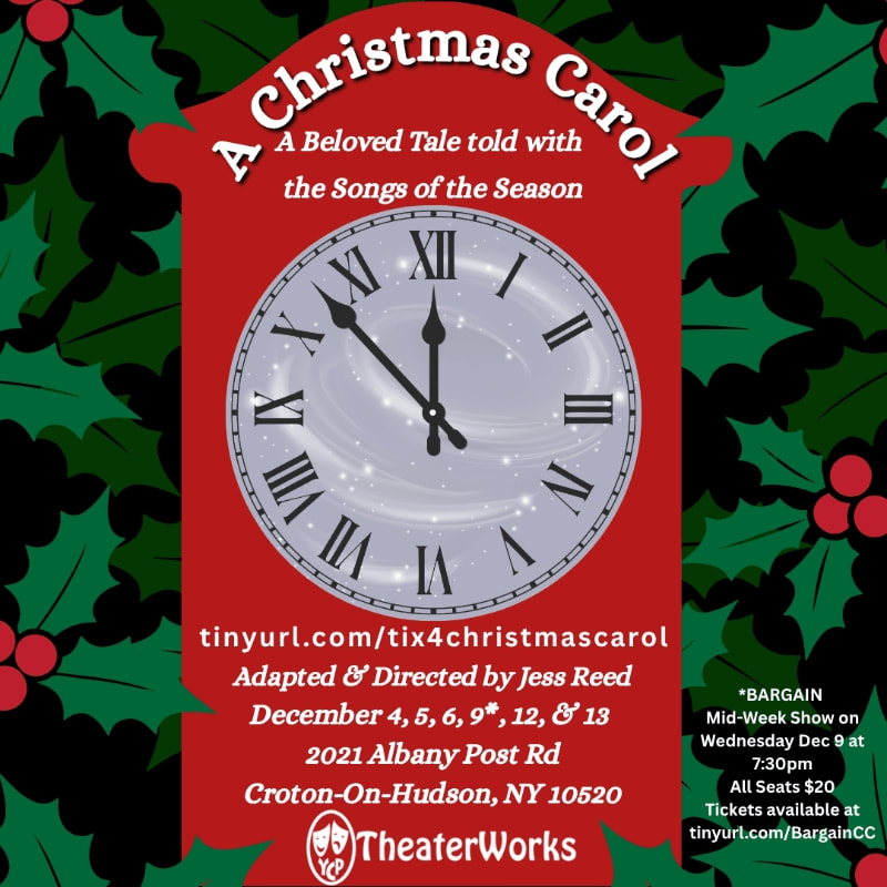 A red promotional poster for "A Christmas Carol" featuring a central clock face is set against a background of green holly leaves and red berries.